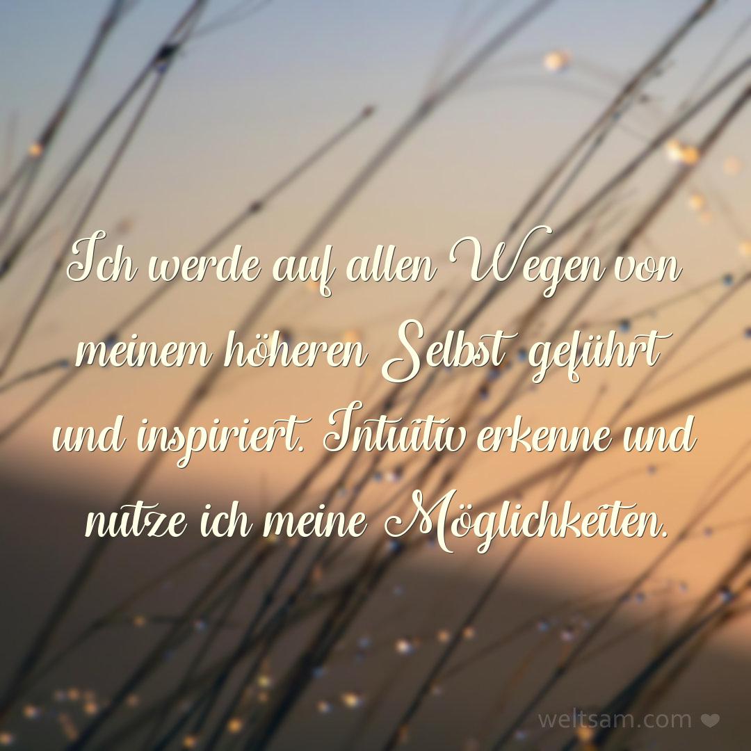 Ich werde auf allen Wegen von meinem höheren Selbst geführt und inspiriert. Intuitiv erkenne und nutze ich meine Möglichkeiten.