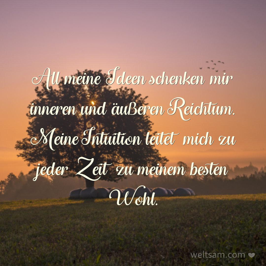 All meine Ideen schenken mir inneren und äußeren Reichtum. Meine Intuition leitet mich zu jeder Zeit zu meinem besten Wohl.