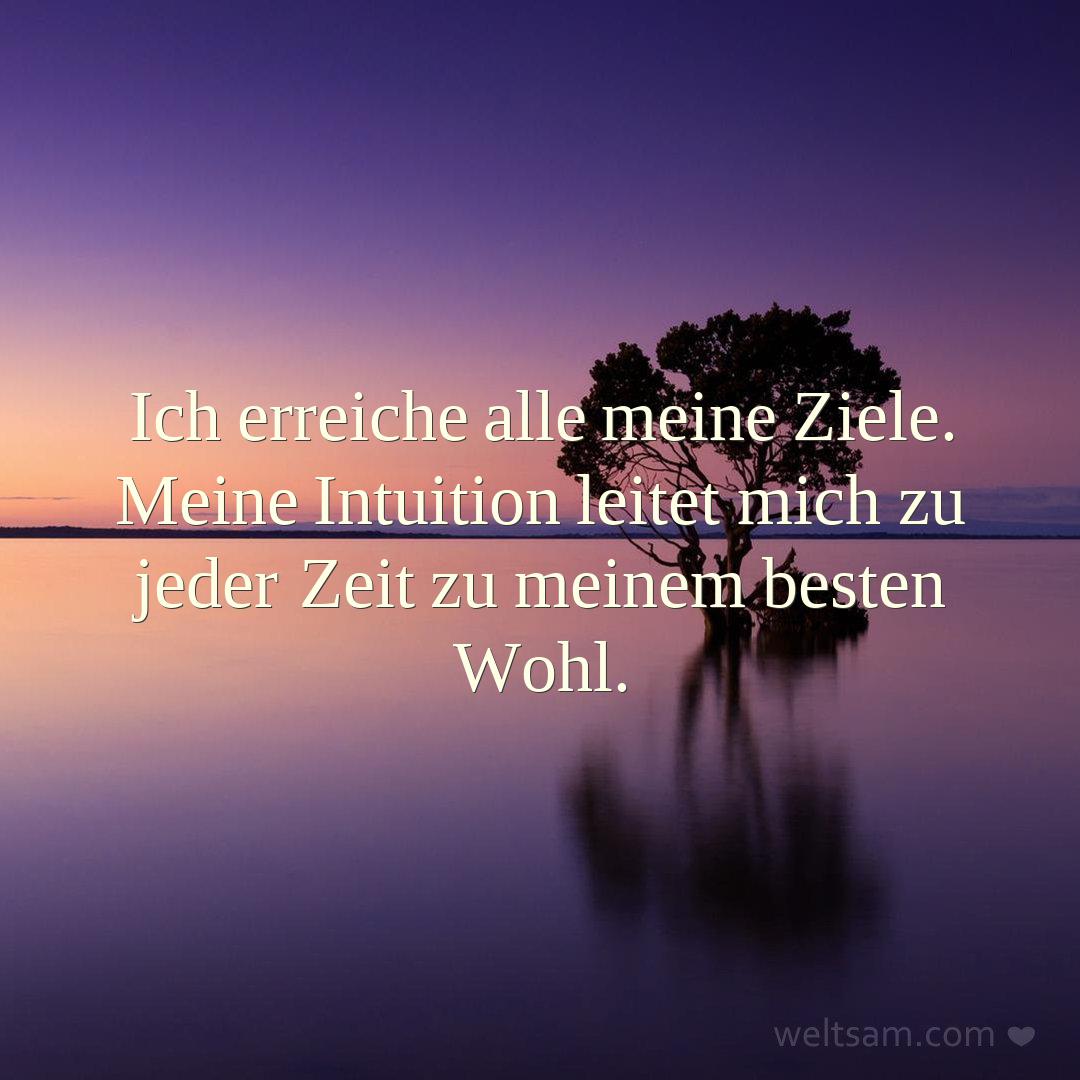 Ich erreiche alle meine Ziele. Meine Intuition leitet mich zu jeder Zeit zu meinem besten Wohl.