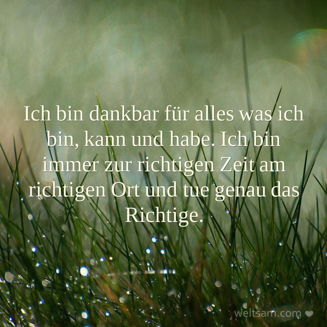 Ich bin dankbar für alles was ich bin, kann und habe. Ich bin immer zur richtigen Zeit am richtigen Ort und tue genau das Richtige.