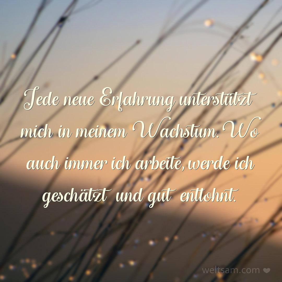 Jede neue Erfahrung unterstützt mich in meinem Wachstum. Wo auch immer ich arbeite, werde ich geschätzt und gut entlohnt.