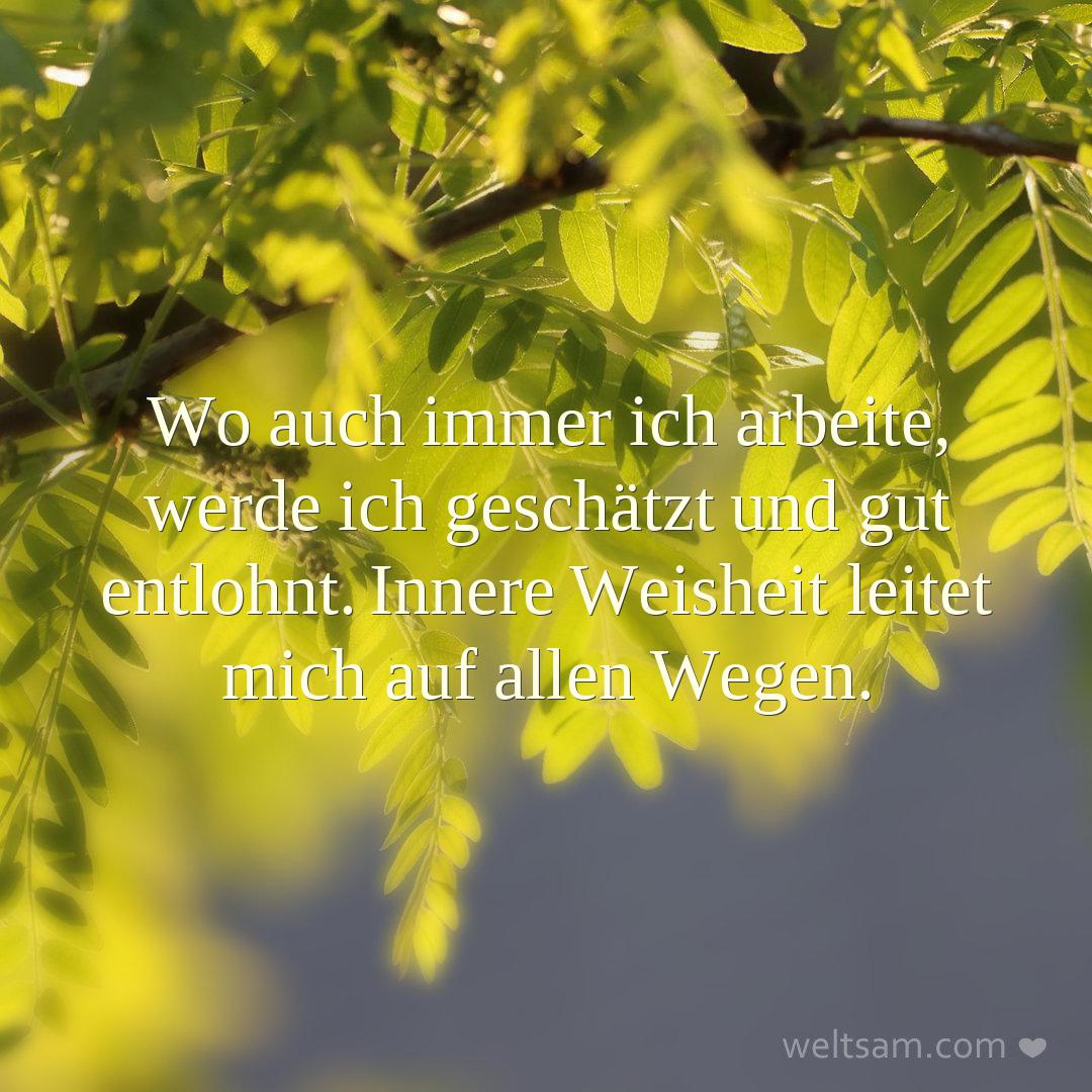 Wo auch immer ich arbeite, werde ich geschätzt und gut entlohnt. Innere Weisheit leitet mich auf allen Wegen.