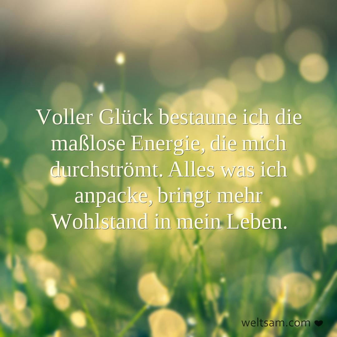 Voller Glück bestaune ich die maßlose Energie, die mich durchströmt. Alles was ich anpacke, bringt mehr Wohlstand in mein Leben.