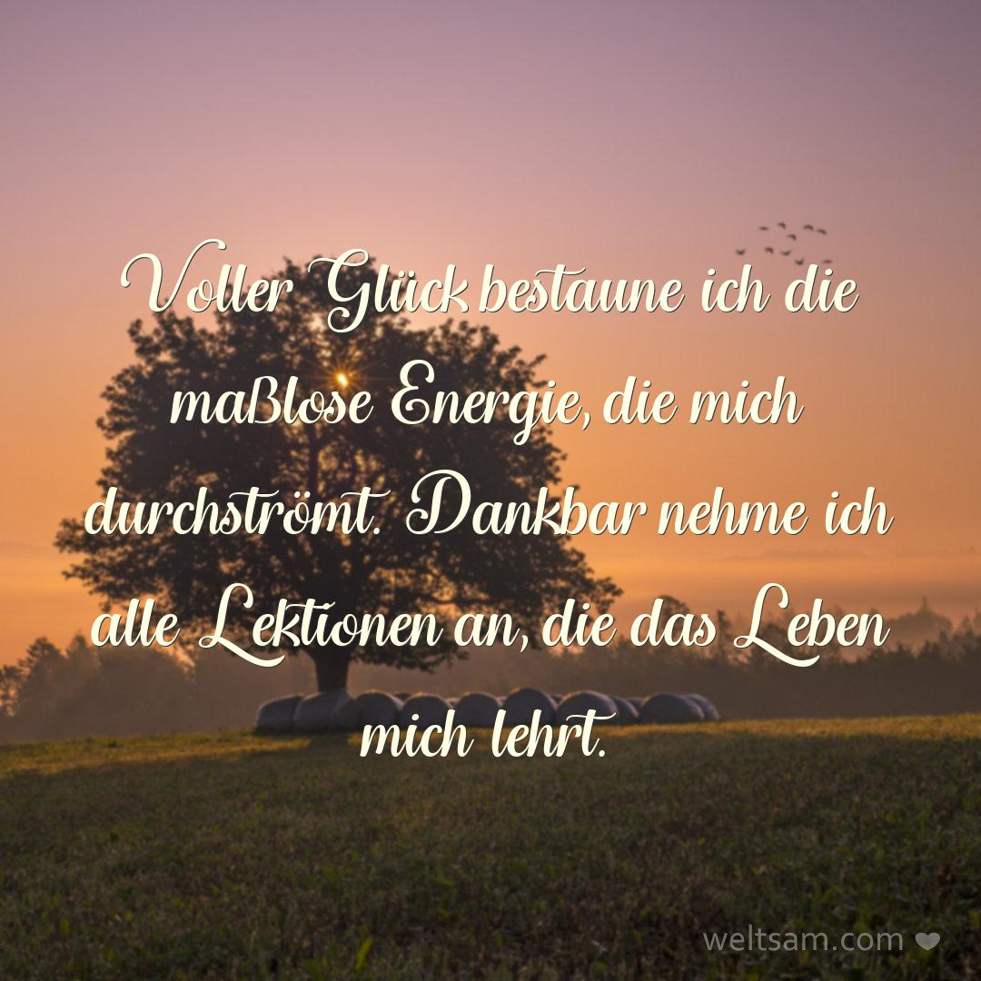 Voller Glück bestaune ich die maßlose Energie, die mich durchströmt. Dankbar nehme ich alle Lektionen an, die das Leben mich lehrt.