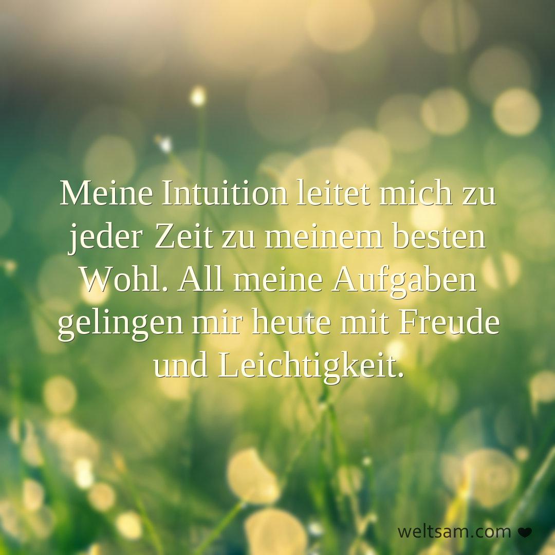 Meine Intuition leitet mich zu jeder Zeit zu meinem besten Wohl. All meine Aufgaben gelingen mir heute mit Freude und Leichtigkeit.