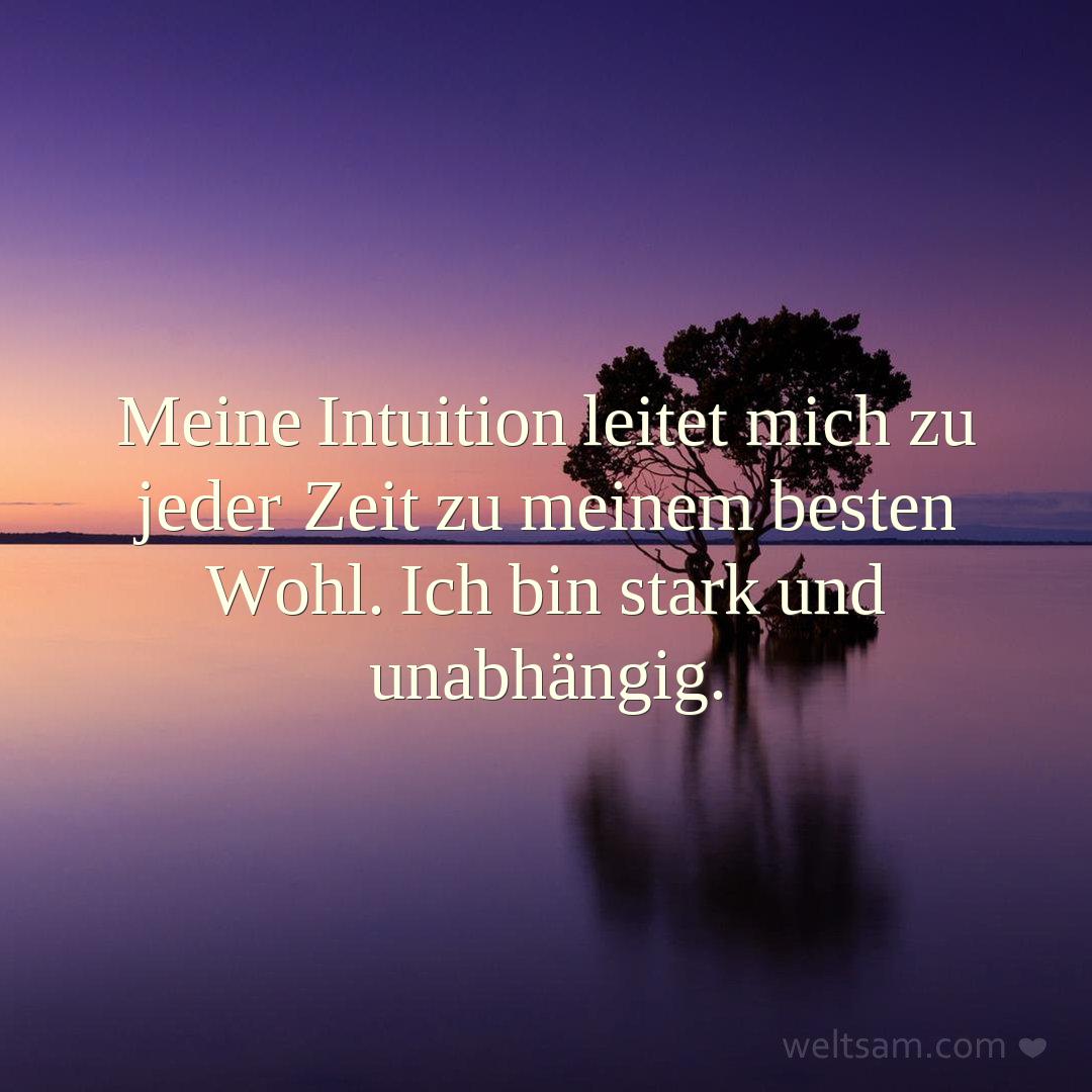 Meine Intuition leitet mich zu jeder Zeit zu meinem besten Wohl. Ich bin stark und unabhängig.