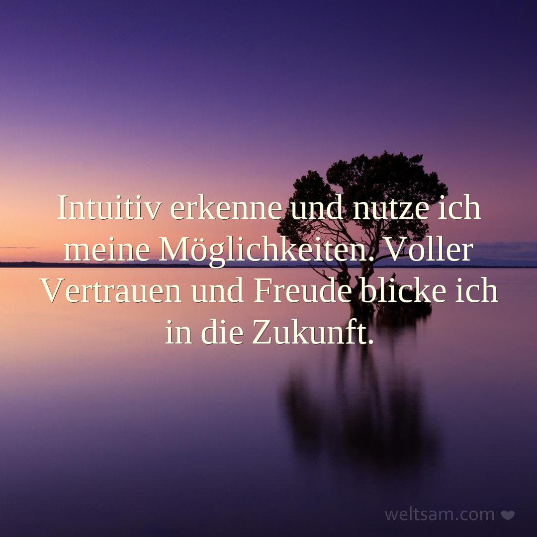 Intuitiv erkenne und nutze ich meine Möglichkeiten. Voller Vertrauen und Freude blicke ich in die Zukunft.