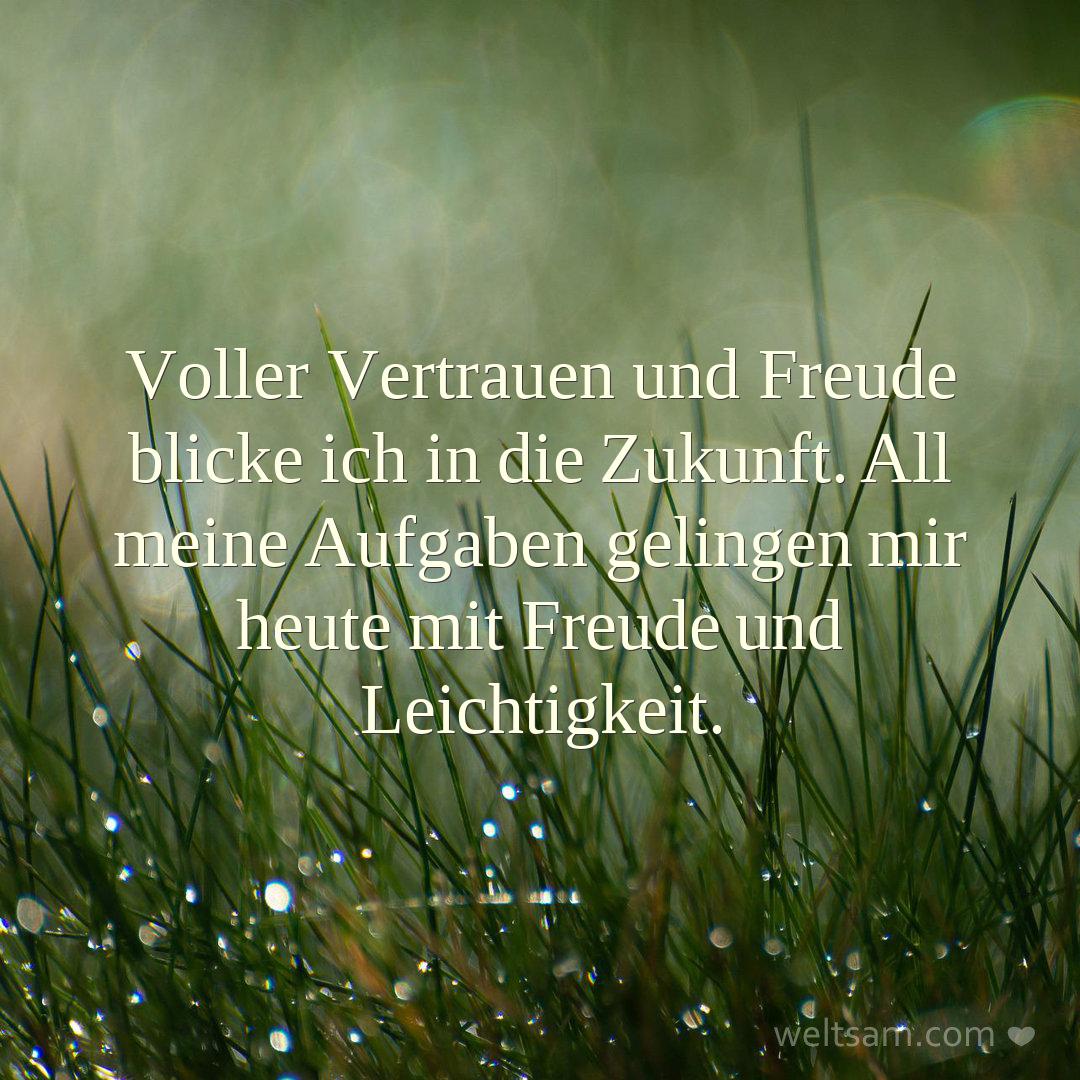 Voller Vertrauen und Freude blicke ich in die Zukunft. All meine Aufgaben gelingen mir heute mit Freude und Leichtigkeit.