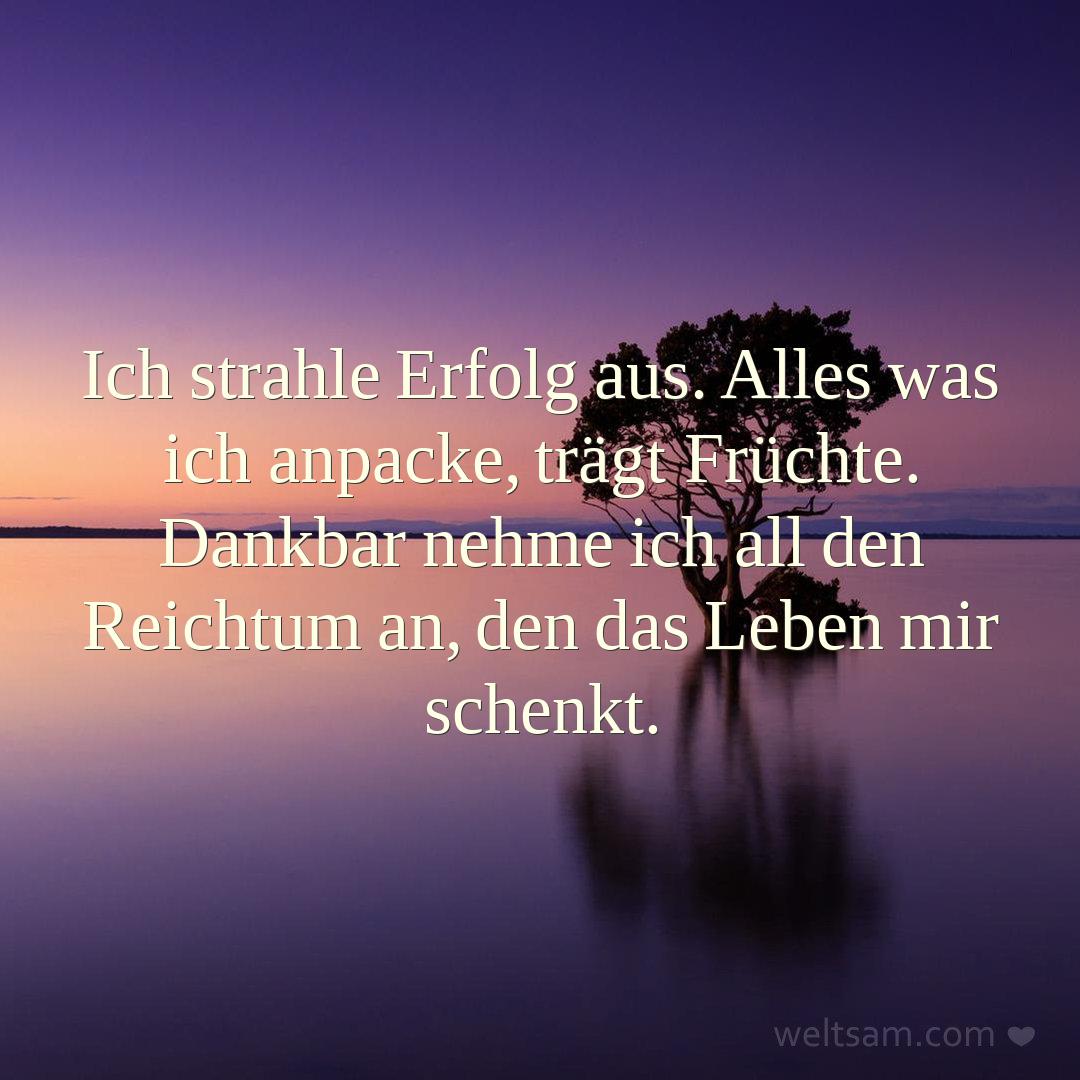 Ich strahle Erfolg aus. Alles was ich anpacke, trägt Früchte. Dankbar nehme ich all den Reichtum an, den das Leben mir schenkt.