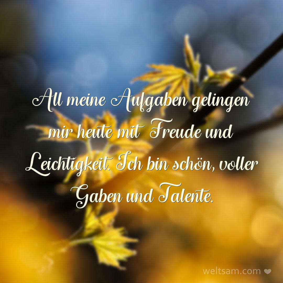 All meine Aufgaben gelingen mir heute mit Freude und Leichtigkeit. Ich bin schön, voller Gaben und Talente.