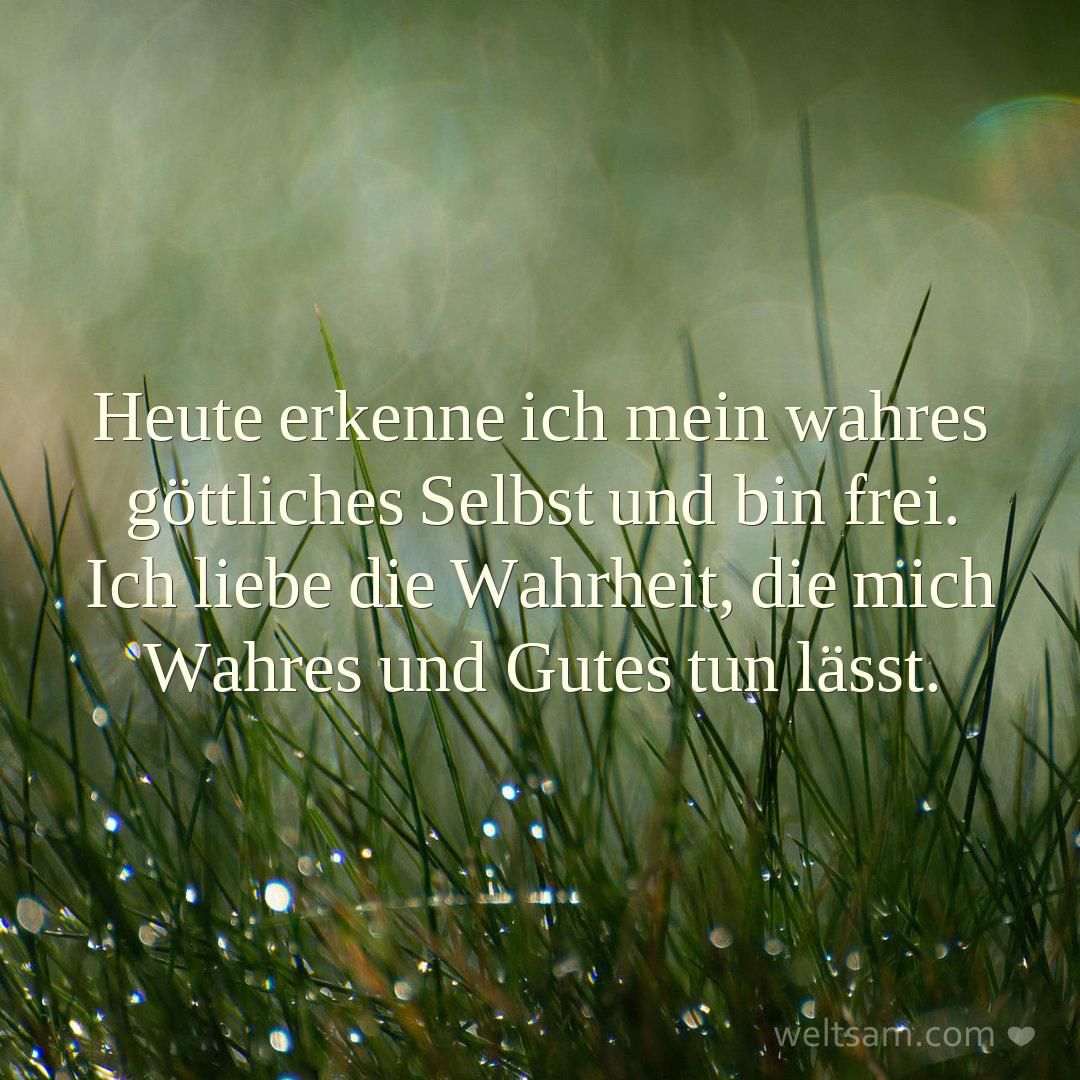 Heute erkenne ich mein wahres göttliches Selbst und bin frei. Ich liebe die Wahrheit, die mich Wahres und Gutes tun lässt.