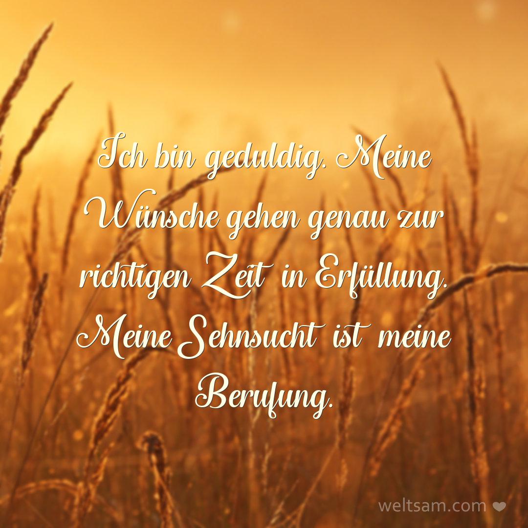 Ich bin geduldig. Meine Wünsche gehen genau zur richtigen Zeit in Erfüllung. Meine Sehnsucht ist meine Berufung.