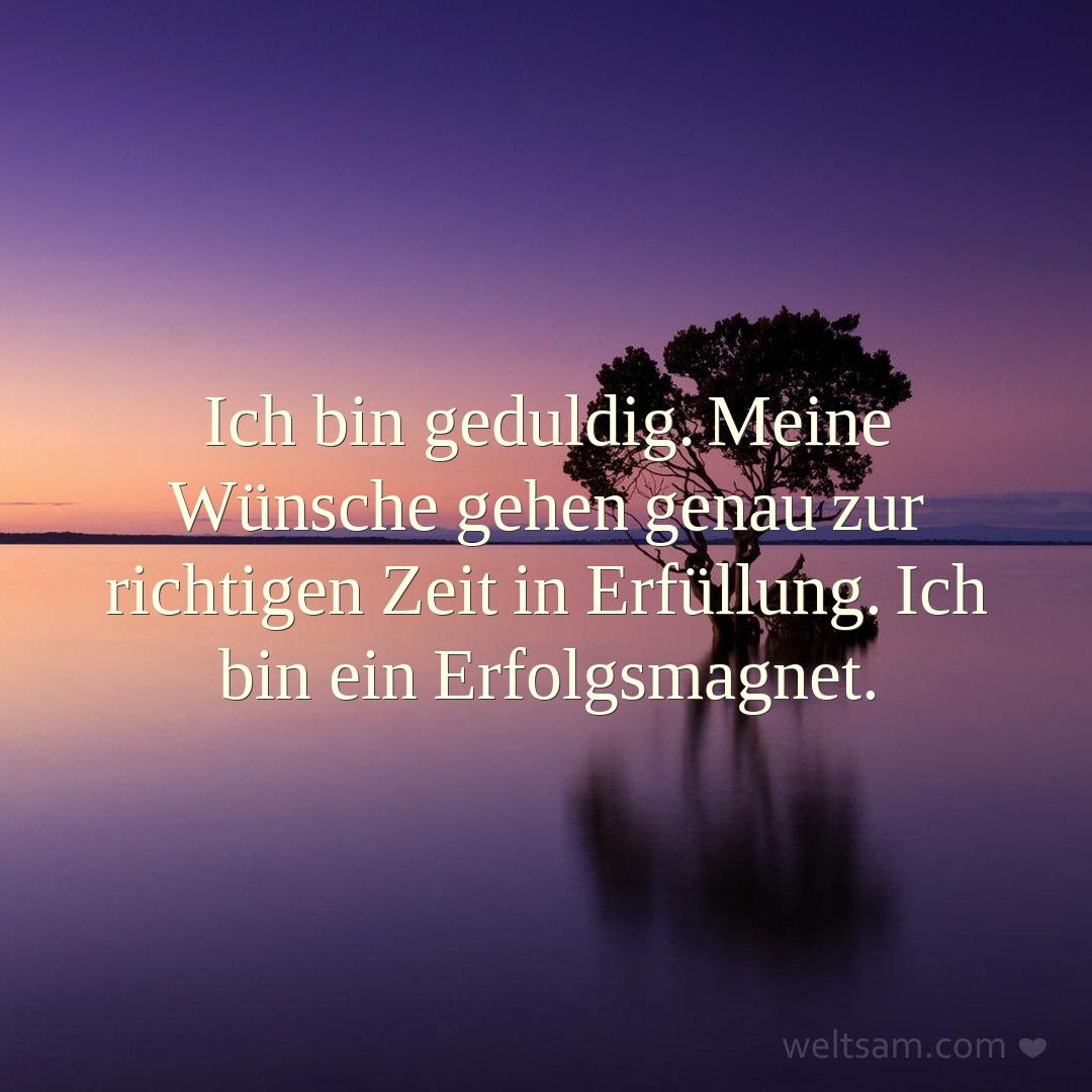 Ich bin geduldig. Meine Wünsche gehen genau zur richtigen Zeit in Erfüllung. Ich bin ein Erfolgsmagnet.