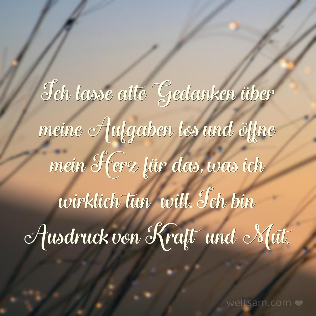 Ich lasse alte Gedanken über meine Aufgaben los und öffne mein Herz für das, was ich wirklich tun will. Ich bin Ausdruck von Kraft und Mut.