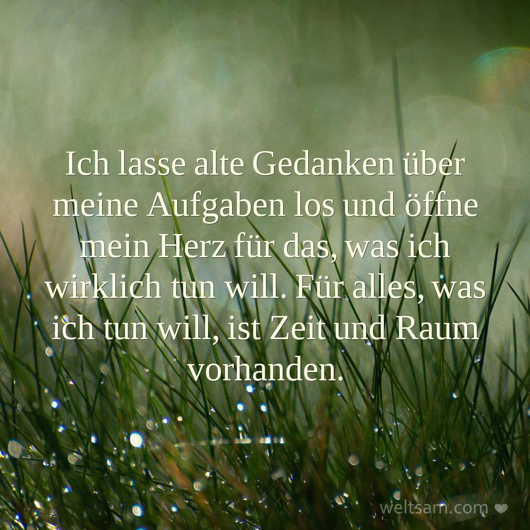 Ich lasse alte Gedanken über meine Aufgaben los und öffne mein Herz für das, was ich wirklich tun will. Für alles, was ich tun will, ist Zeit und Raum vorhanden.