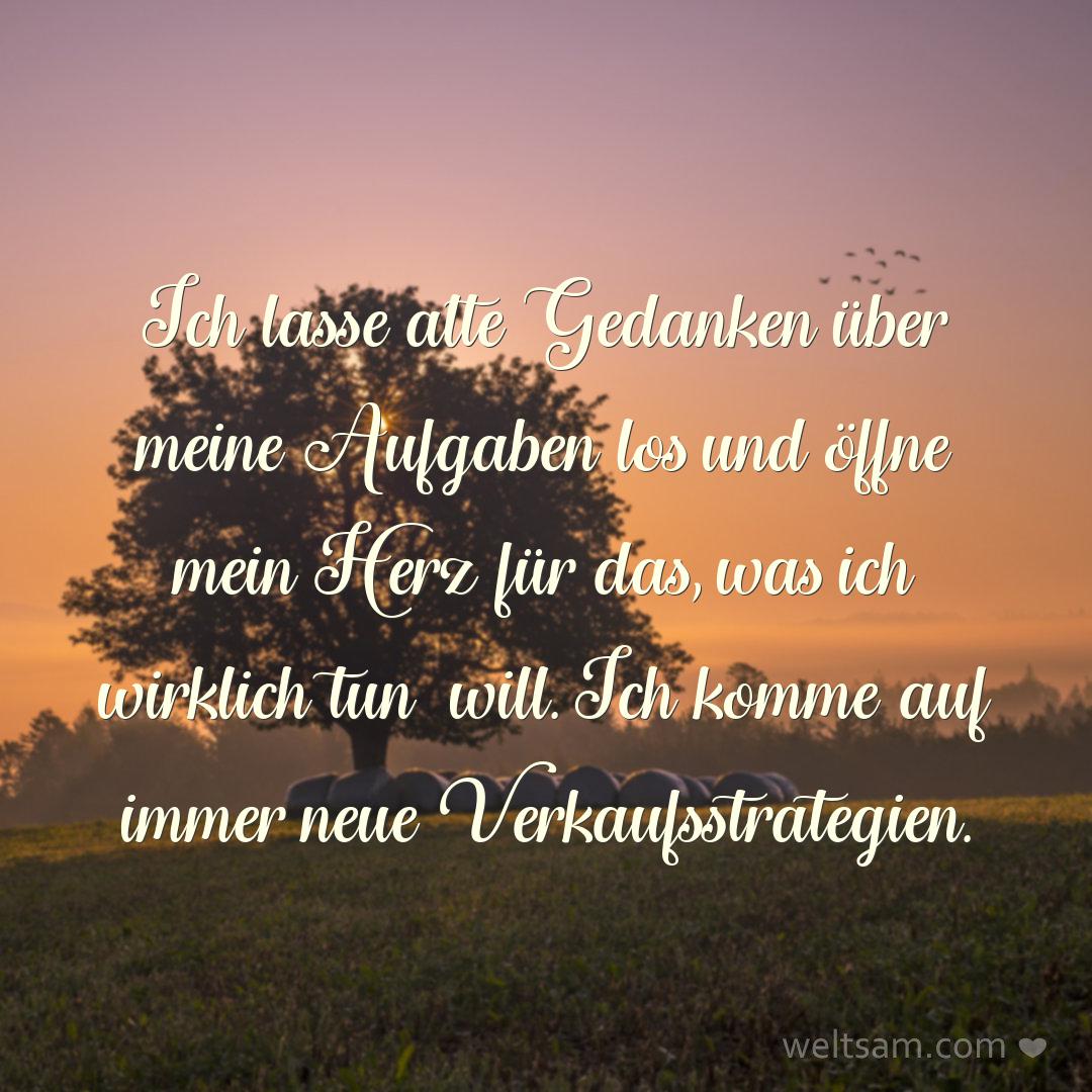 Ich lasse alte Gedanken über meine Aufgaben los und öffne mein Herz für das, was ich wirklich tun will. Ich komme auf immer neue Verkaufsstrategien.