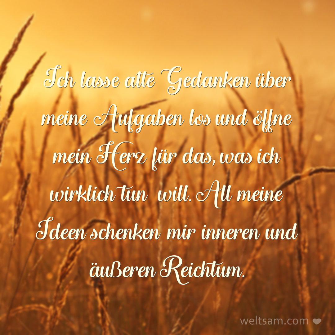 Ich lasse alte Gedanken über meine Aufgaben los und öffne mein Herz für das, was ich wirklich tun will. All meine Ideen schenken mir inneren und äußeren Reichtum.