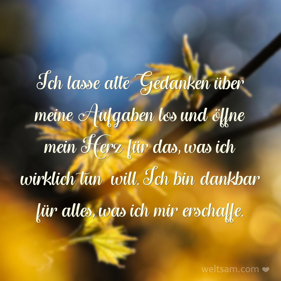 Ich lasse alte Gedanken über meine Aufgaben los und öffne mein Herz für das, was ich wirklich tun will. Ich bin dankbar für alles, was ich mir erschaffe.