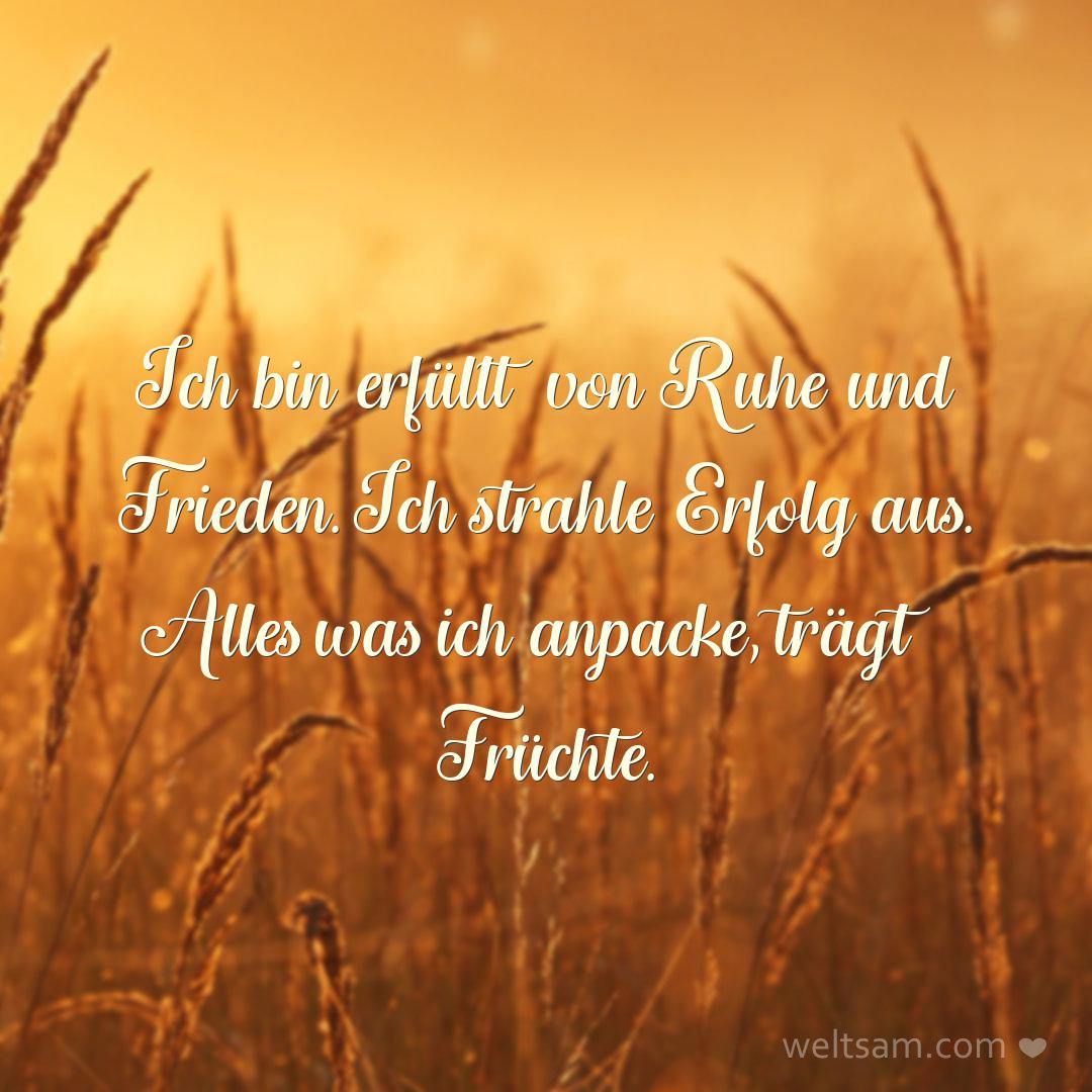 Ich bin erfüllt von Ruhe und Frieden. Ich strahle Erfolg aus. Alles was ich anpacke, trägt Früchte.