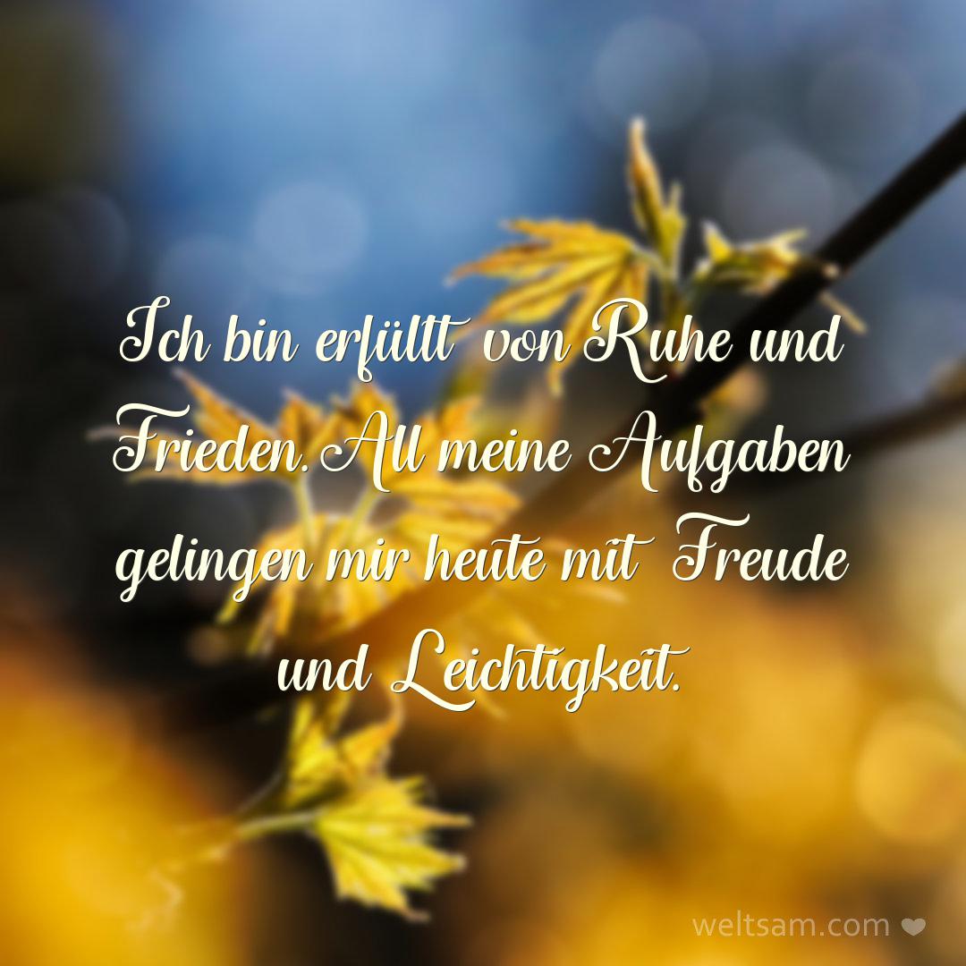Ich bin erfüllt von Ruhe und Frieden. All meine Aufgaben gelingen mir heute mit Freude und Leichtigkeit.