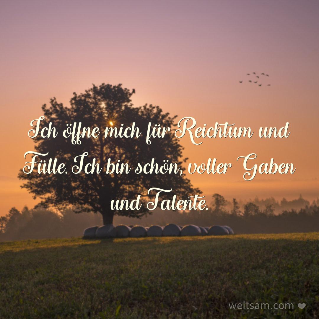 Ich öffne mich für Reichtum und Fülle. Ich bin schön, voller Gaben und Talente.
