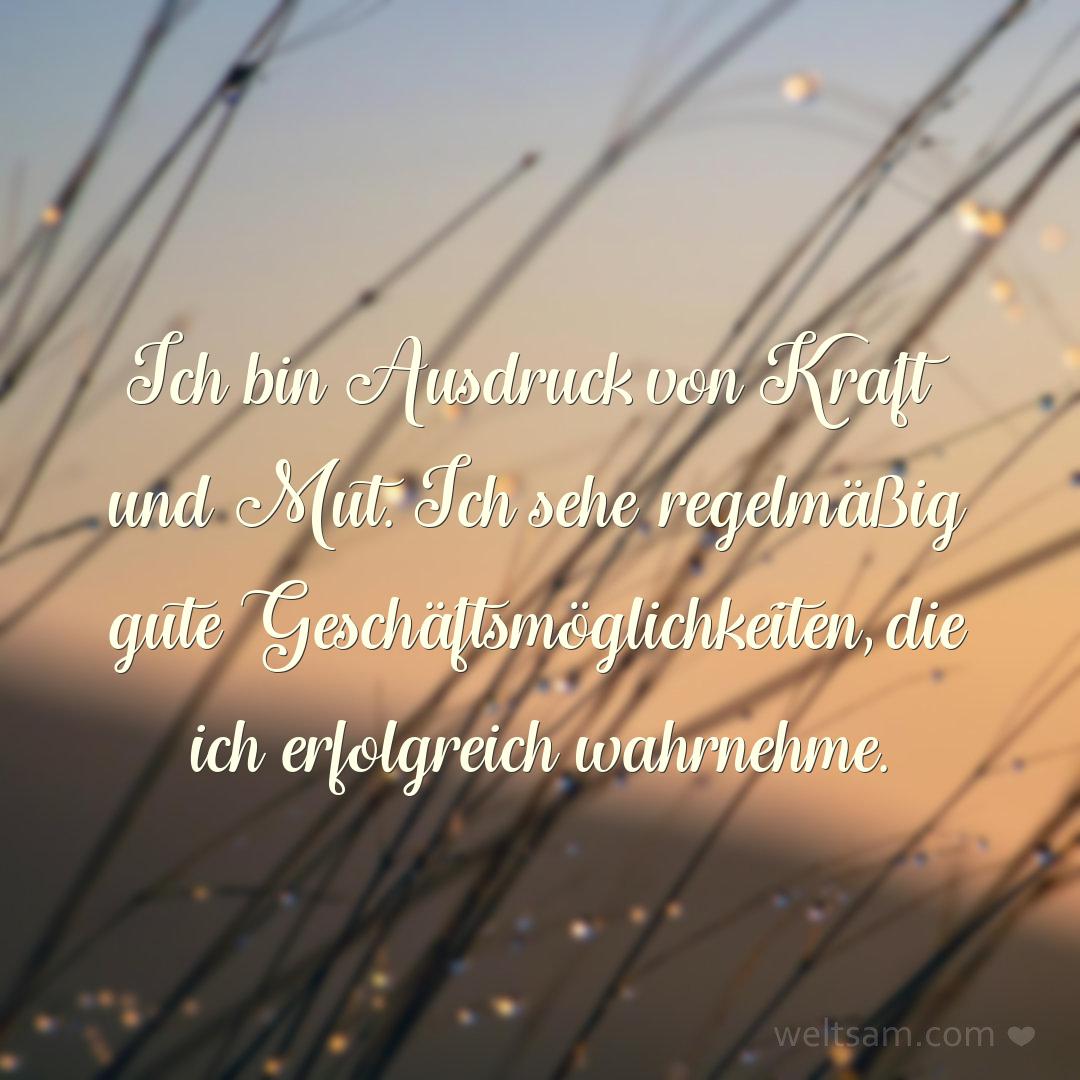Ich bin Ausdruck von Kraft und Mut. Ich sehe regelmäßig gute Geschäftsmöglichkeiten, die ich erfolgreich wahrnehme.