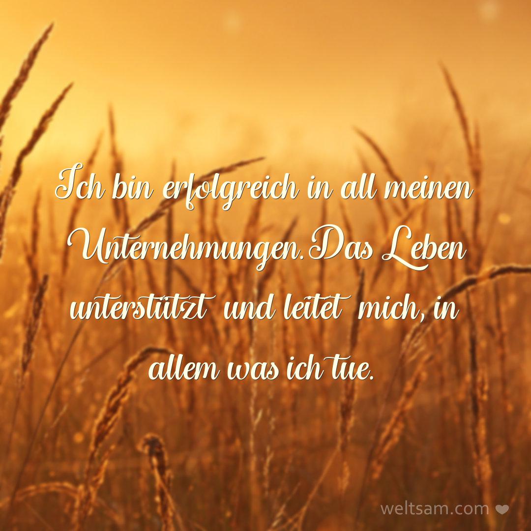 Ich bin erfolgreich in all meinen Unternehmungen. Das Leben unterstützt und leitet mich, in allem was ich tue.