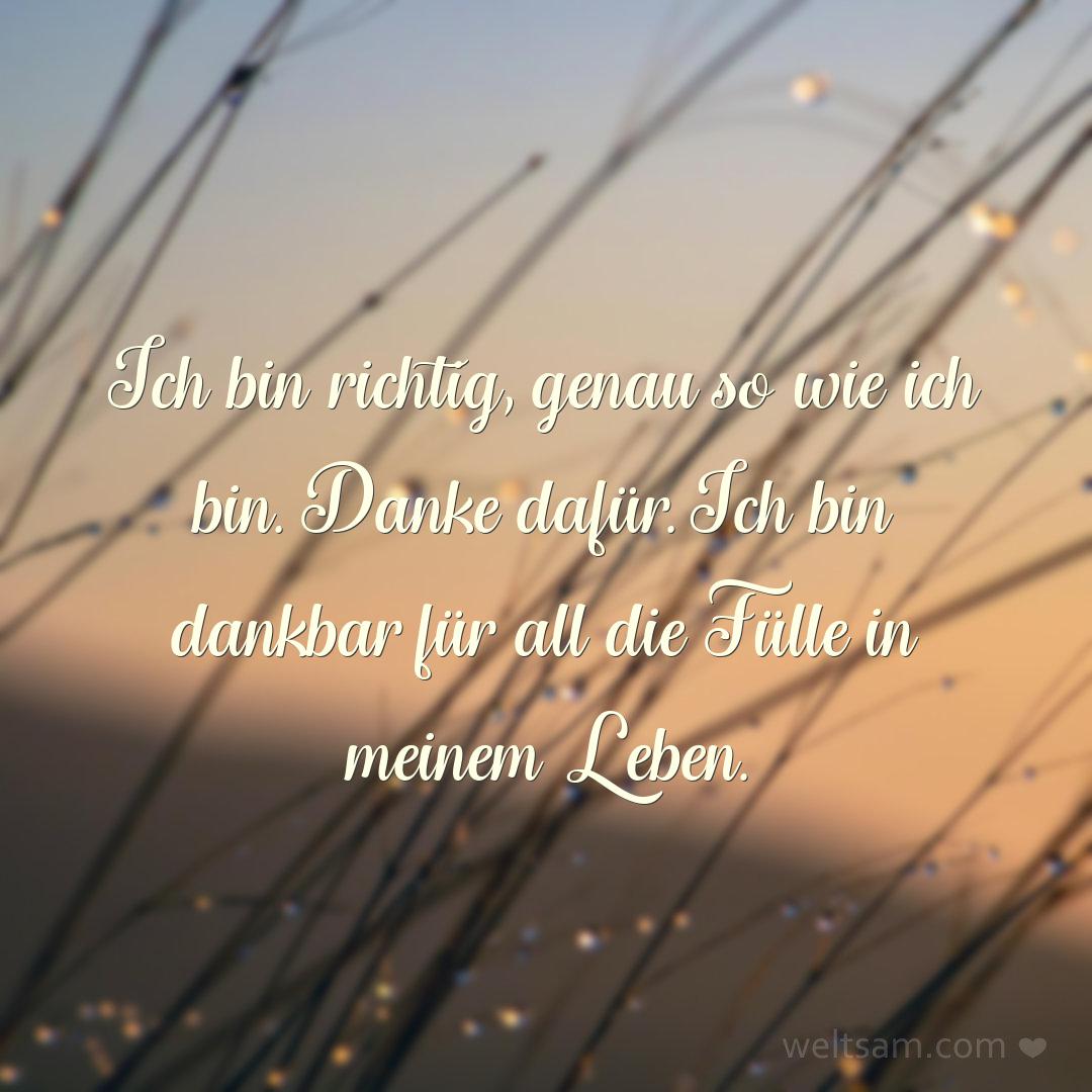 Ich bin richtig, genau so wie ich bin. Danke dafür. Ich bin dankbar für all die Fülle in meinem Leben.