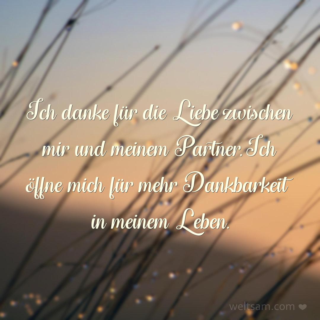 Ich danke für die Liebe zwischen mir und meinem Partner. Ich öffne mich für mehr Dankbarkeit in meinem Leben.