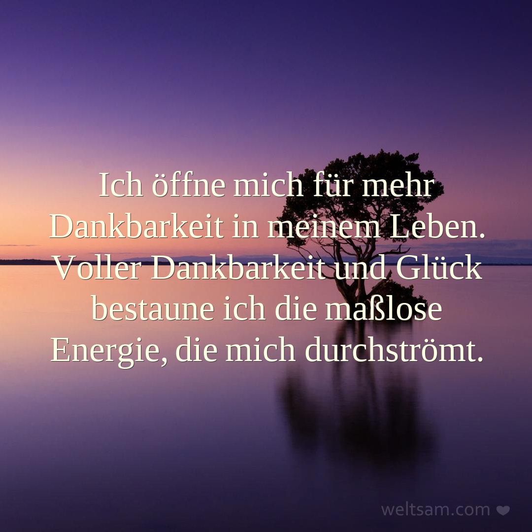 Ich öffne mich für mehr Dankbarkeit in meinem Leben. Voller Dankbarkeit und Glück bestaune ich die maßlose Energie, die mich durchströmt.