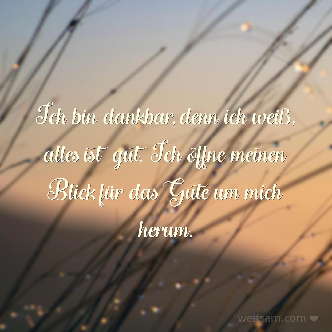 Ich bin dankbar, denn ich weiß, alles ist gut. Ich öffne meinen Blick für das Gute um mich herum.