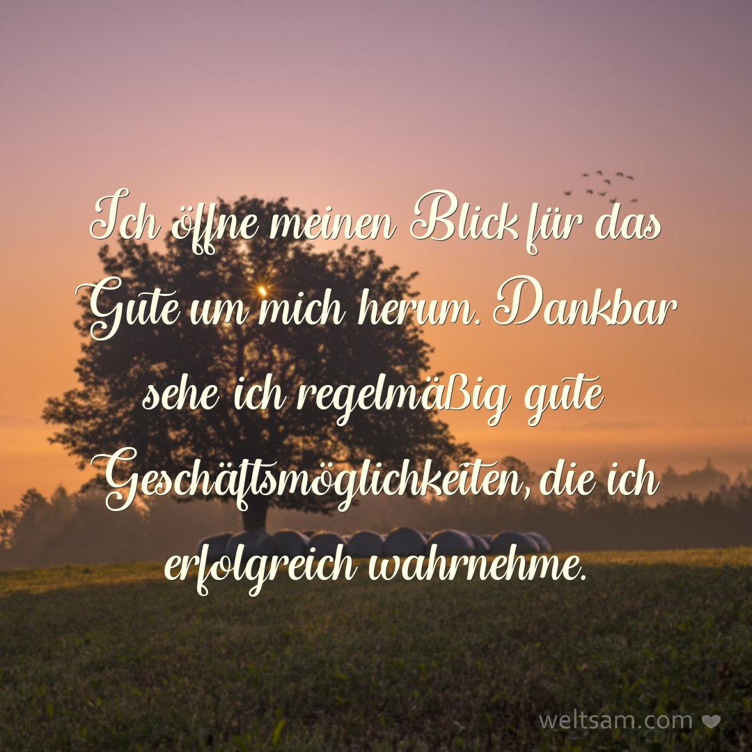 Ich öffne meinen Blick für das Gute um mich herum. Dankbar sehe ich regelmäßig gute Geschäftsmöglichkeiten, die ich erfolgreich wahrnehme.
