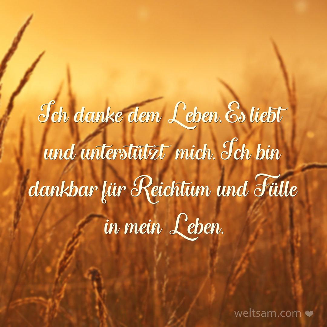 Ich danke dem Leben. Es liebt und unterstützt mich. Ich bin dankbar für Reichtum und Fülle in mein Leben.