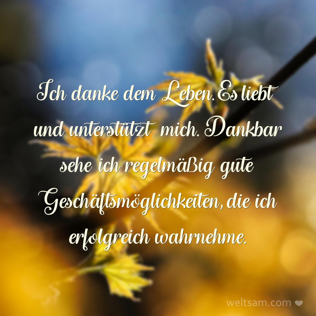 Ich danke dem Leben. Es liebt und unterstützt mich. Dankbar sehe ich regelmäßig gute Geschäftsmöglichkeiten, die ich erfolgreich wahrnehme.