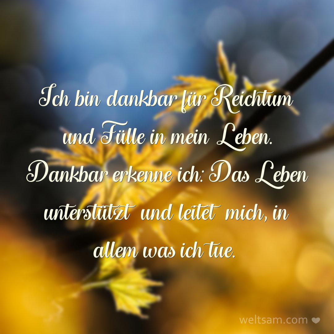 Ich bin dankbar für Reichtum und Fülle in mein Leben. Dankbar erkenne ich: Das Leben unterstützt und leitet mich, in allem was ich tue.