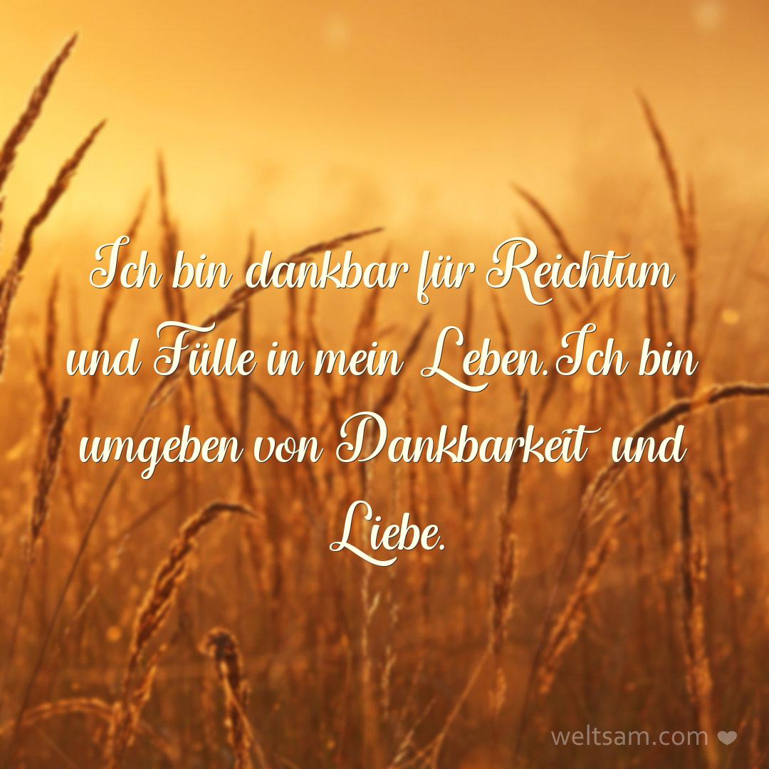 Ich bin dankbar für Reichtum und Fülle in mein Leben. Ich bin umgeben von Dankbarkeit und Liebe.