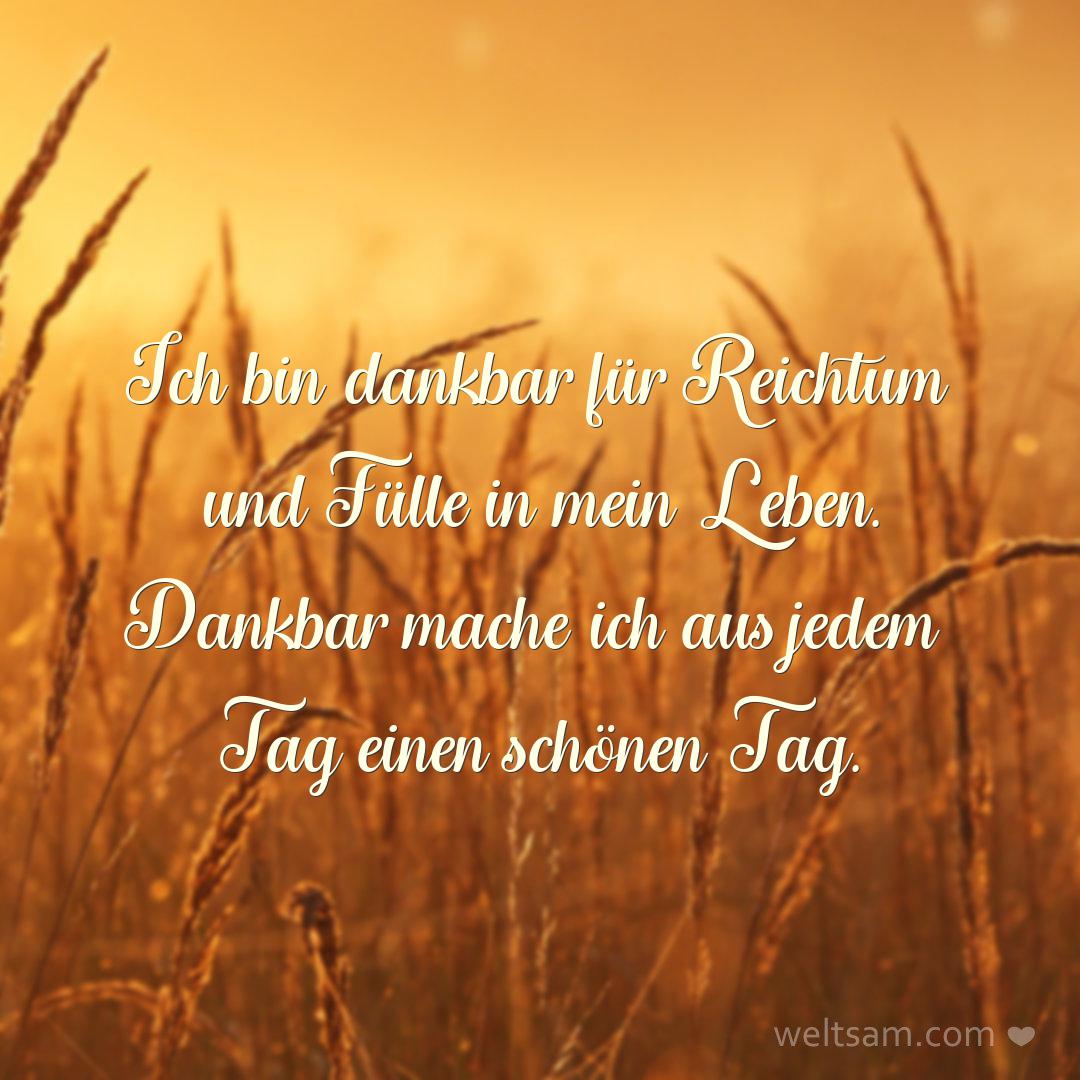 Ich bin dankbar für Reichtum und Fülle in mein Leben. Dankbar mache ich aus jedem Tag einen schönen Tag.