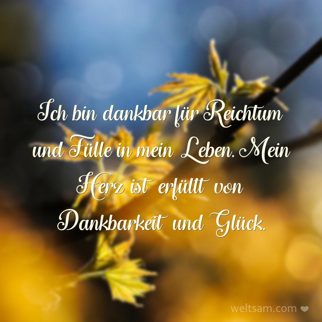 Ich bin dankbar für Reichtum und Fülle in mein Leben. Mein Herz ist erfüllt von Dankbarkeit und Glück.