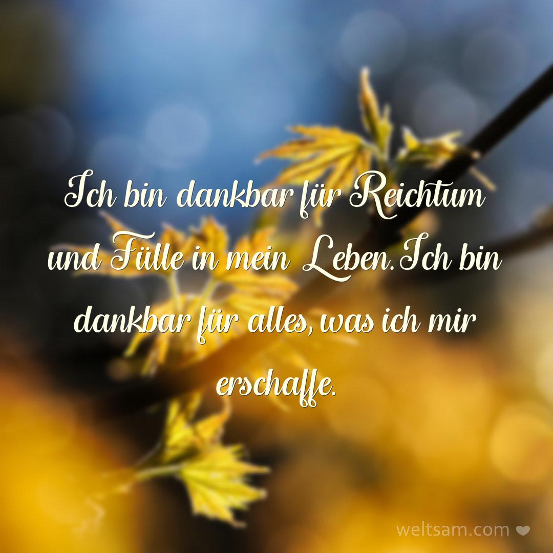 Ich bin dankbar für Reichtum und Fülle in mein Leben. Ich bin dankbar für alles, was ich mir erschaffe.