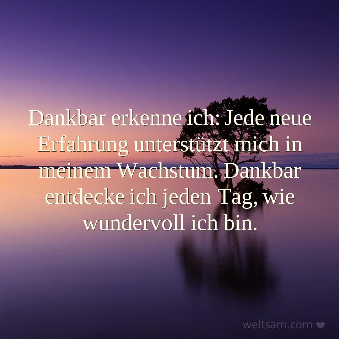 Dankbar erkenne ich: Jede neue Erfahrung unterstützt mich in meinem Wachstum. Dankbar entdecke ich jeden Tag, wie wundervoll ich bin.