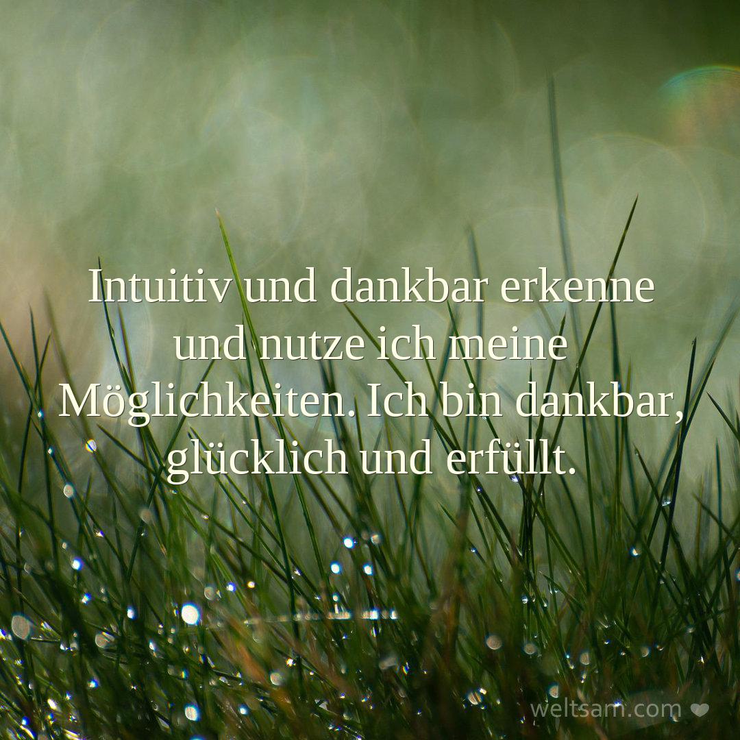 Intuitiv und dankbar erkenne und nutze ich meine Möglichkeiten. Ich bin dankbar, glücklich und erfüllt.