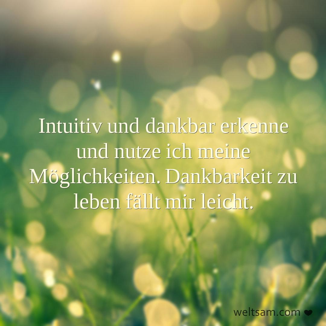 Intuitiv und dankbar erkenne und nutze ich meine Möglichkeiten. Dankbarkeit zu leben fällt mir leicht.