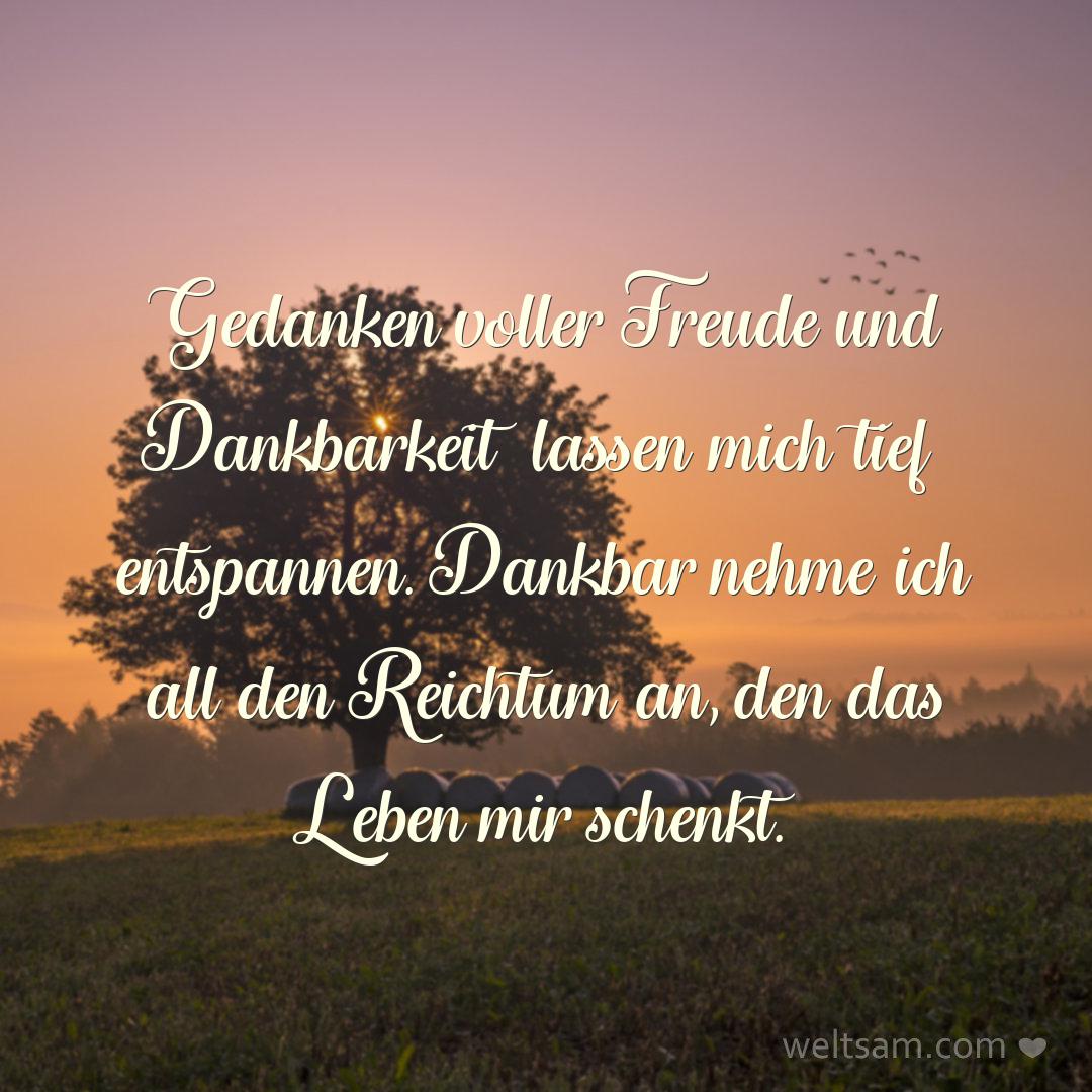 Gedanken voller Freude und Dankbarkeit lassen mich tief entspannen. Dankbar nehme ich all den Reichtum an, den das Leben mir schenkt.