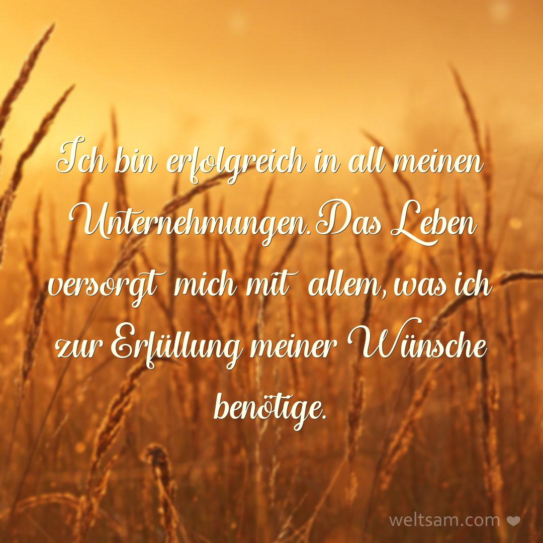 Ich bin erfolgreich in all meinen Unternehmungen. Das Leben versorgt mich mit allem, was ich zur Erfüllung meiner Wünsche benötige.