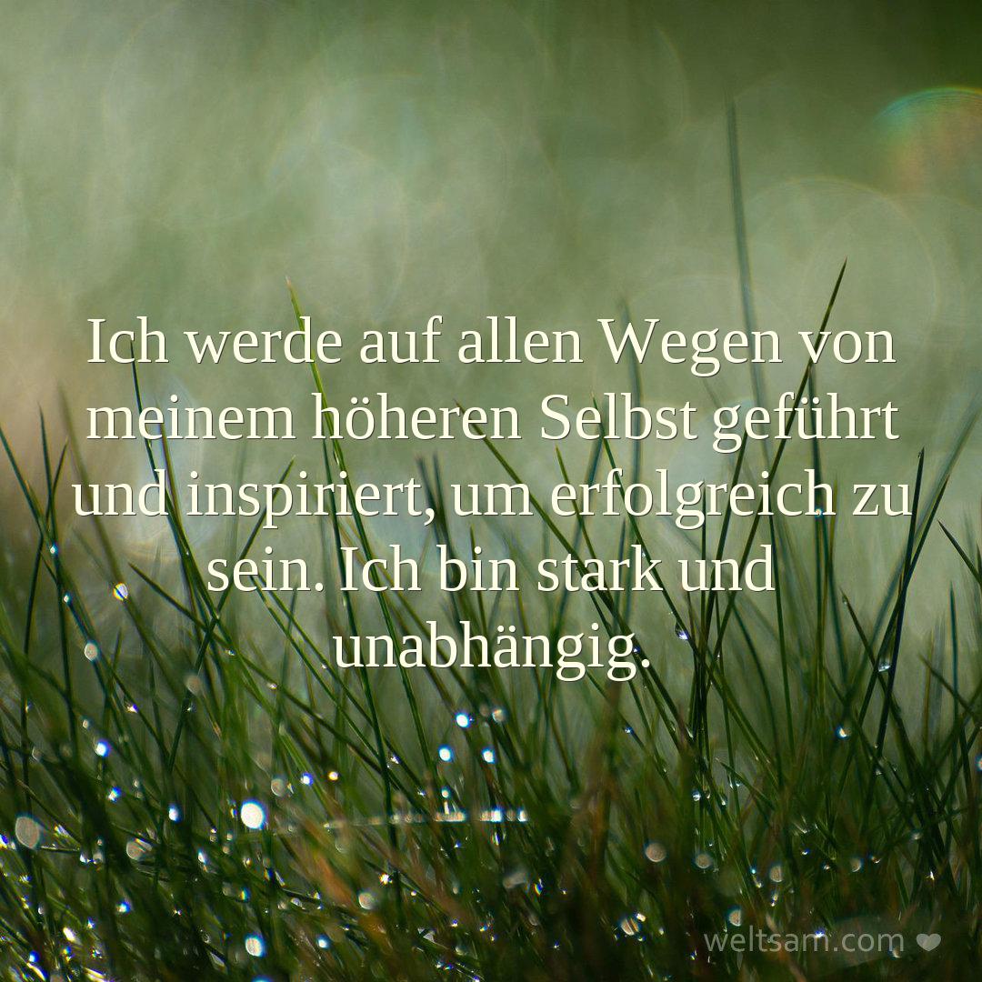 Ich werde auf allen Wegen von meinem höheren Selbst geführt und inspiriert, um erfolgreich zu sein. Ich bin stark und unabhängig.