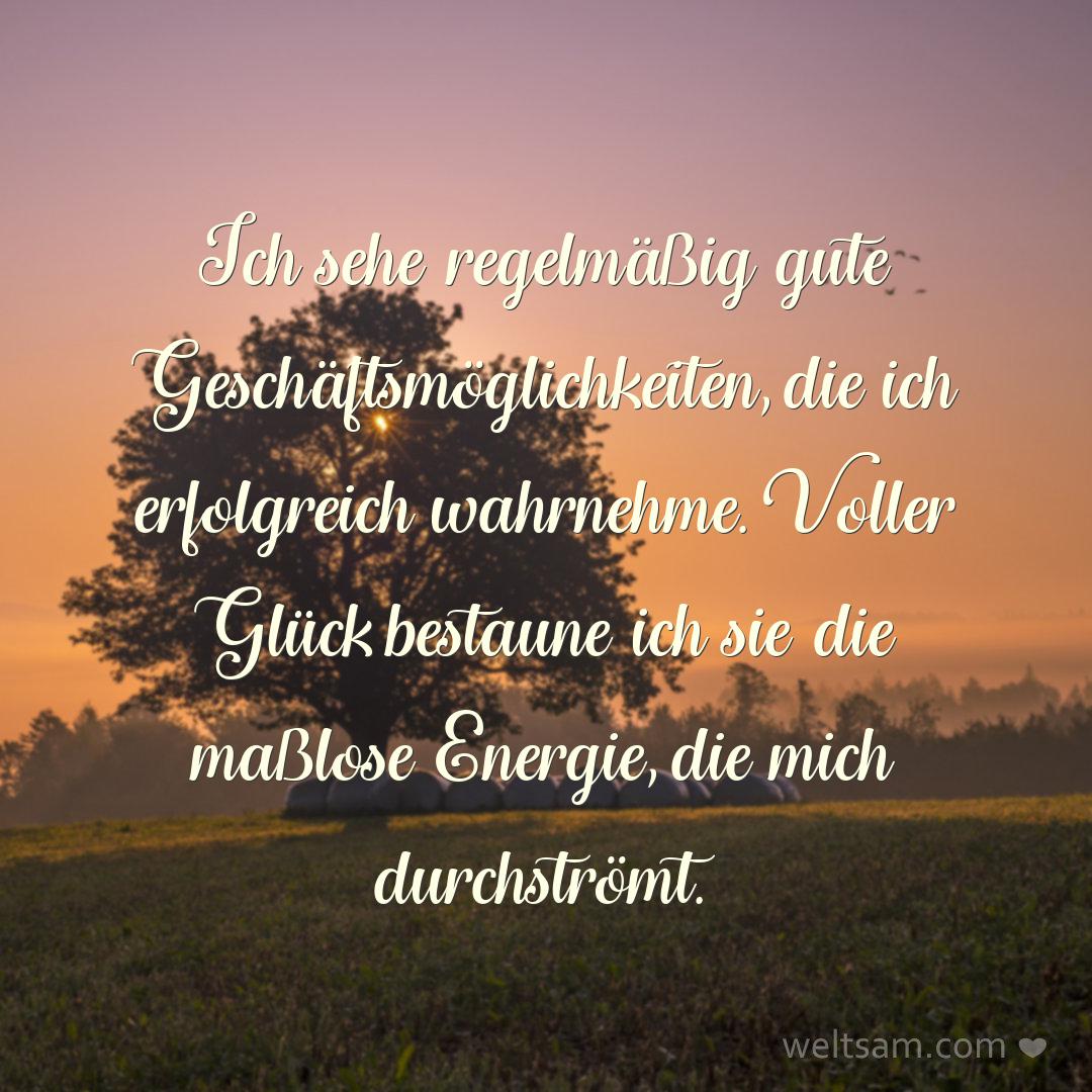 Ich sehe regelmäßig gute Geschäftsmöglichkeiten, die ich erfolgreich wahrnehme. Voller Glück bestaune ich sie die maßlose Energie, die mich durchströmt.