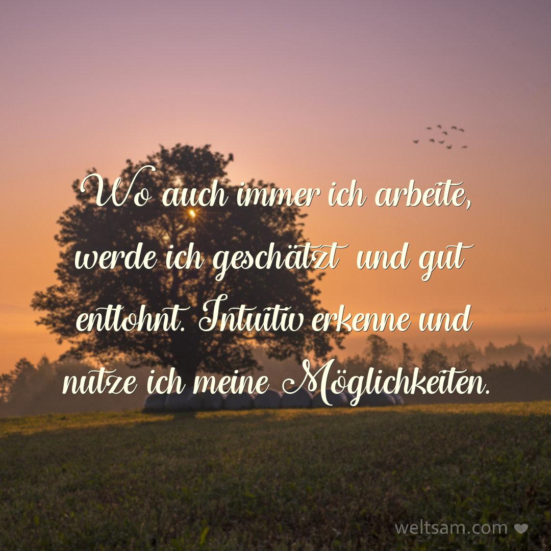 Wo auch immer ich arbeite, werde ich geschätzt und gut entlohnt. Intuitiv erkenne und nutze ich meine Möglichkeiten.