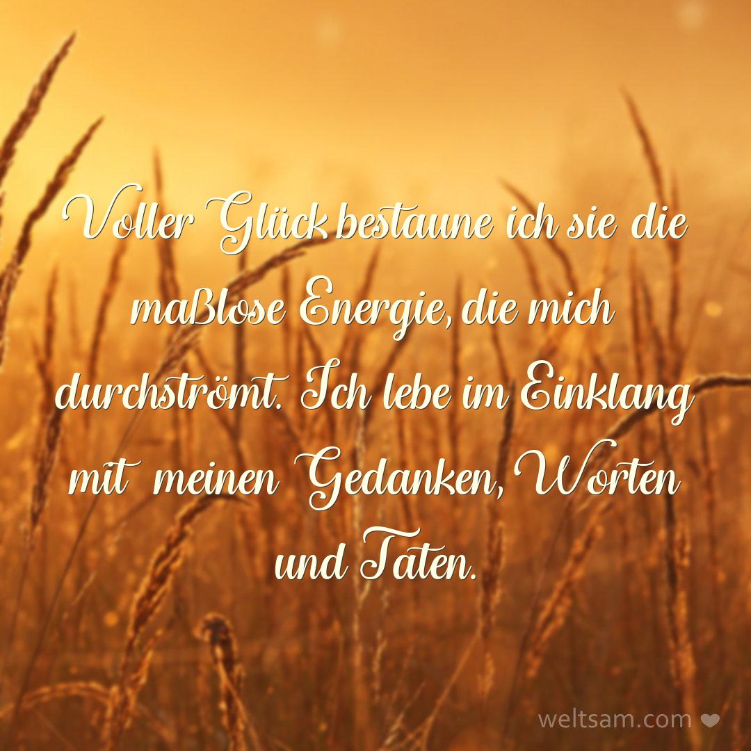 Voller Glück bestaune ich sie die maßlose Energie, die mich durchströmt. Ich lebe im Einklang mit meinen Gedanken, Worten und Taten.