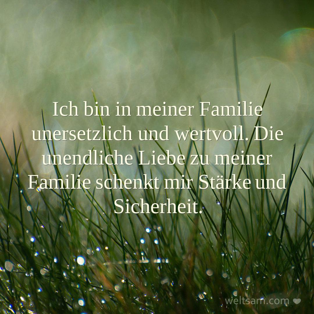 Ich bin in meiner Familie unersetzlich und wertvoll. Die unendliche Liebe zu meiner Familie schenkt mir Stärke und Sicherheit.