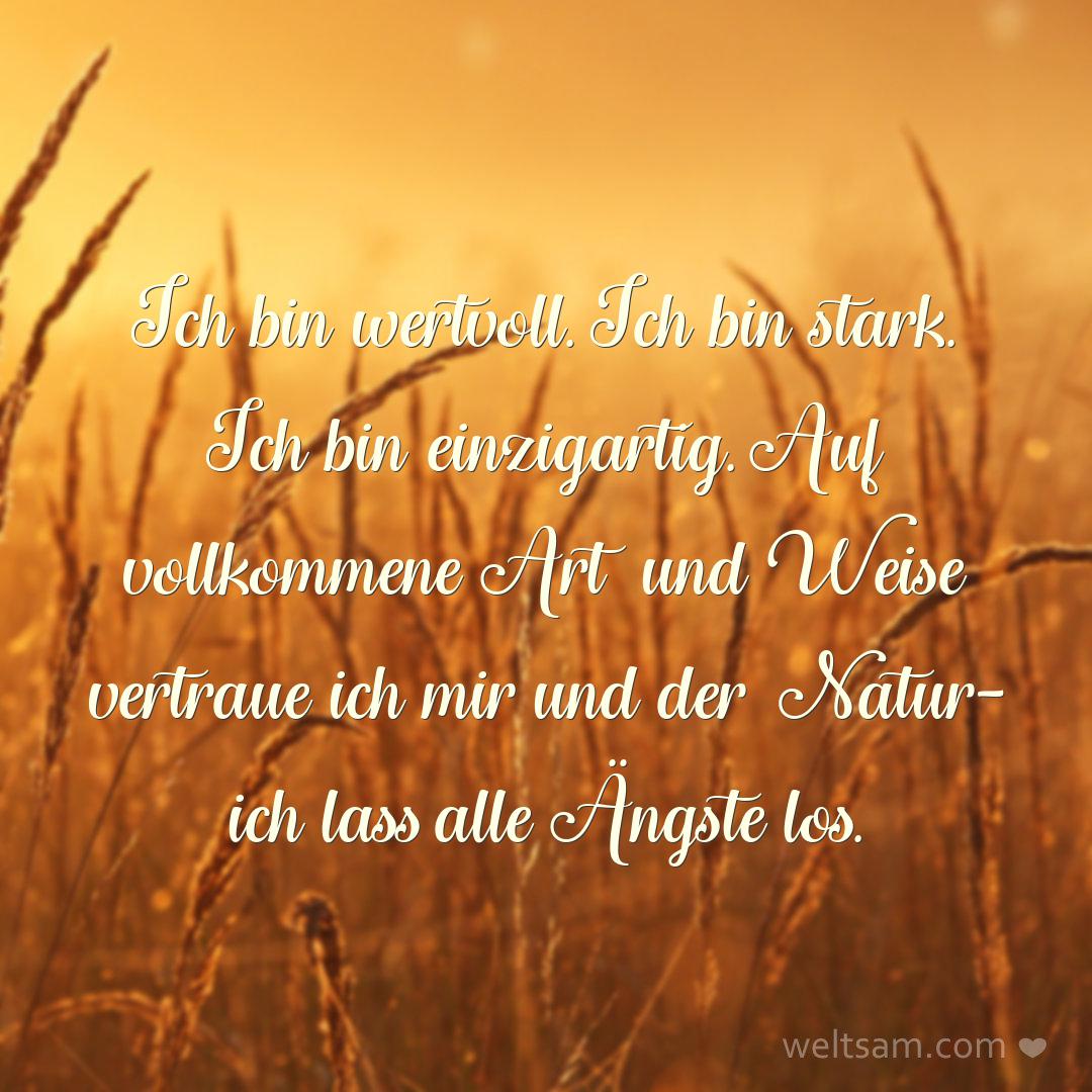 Ich bin wertvoll. Ich bin stark. Ich bin einzigartig. Auf vollkommene Art und Weise vertraue ich mir und der Natur – ich lass alle Ängste los.